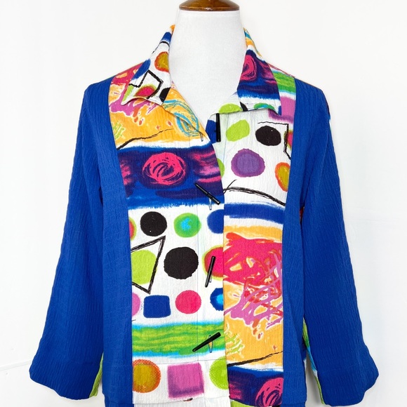 Ali Miles Artsy Multicolor Watercolor Printed 3/4 Sleeve Buttondown Shacket Top - Picture 2 of 8
